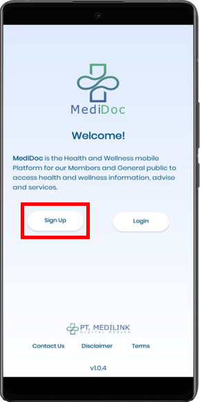 Langkah 1 - Klik Sign Up di aplikasi MediDoc